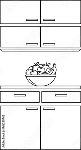 Bowl of fresh fruit on kitchen counter with cabinets.