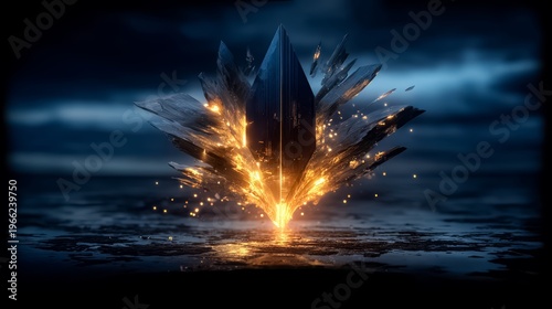 Large, glowing object is surrounded by a bright orange explosion. The image has a futuristic, otherworldly feel to it