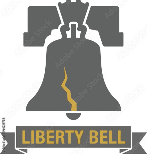 Two-tone graphic illustration of the Liberty Bell featuring a dark gray body and a thin yellow crack detail above a banner.