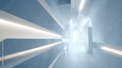 Long, narrow room with white walls and white lines. The room is empty and has a cold, sterile feel to it