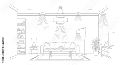 Detailed Line Art of a Modern Living Room Interior Design.