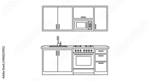 Detailed Line Art Illustration of Modern Kitchen Cabinets and Appliances.
