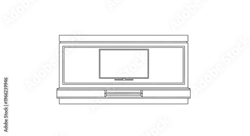 Detailed Line Drawing of a Modern Entertainment Console with Television and Speakers.