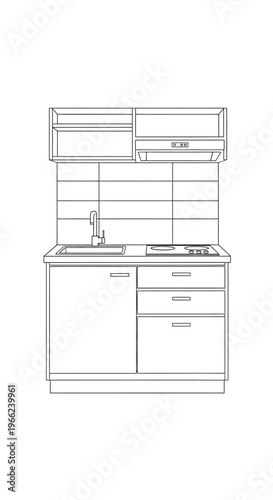 Detailed Line Drawing of a Compact Kitchenette Unit.