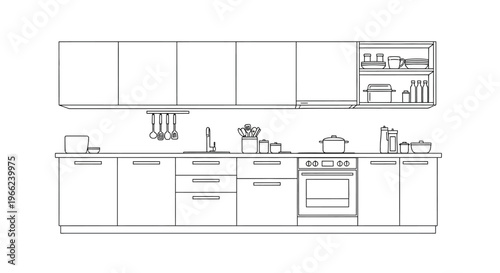Detailed Line Drawing of a Modern Kitchen Interior with Appliances and Cabinetry.