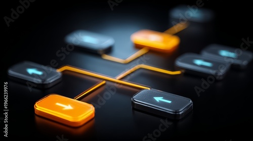 The image is a computer network diagram with a black background and orange and black buttons