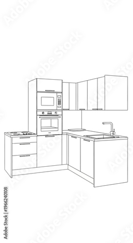 Detailed wireframe drawing of a modern L-shaped kitchen interior design.