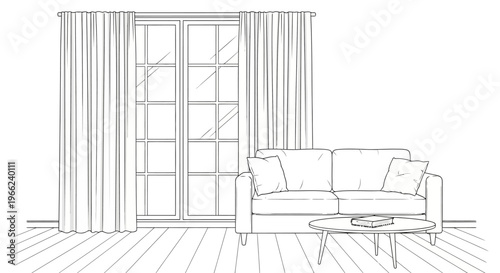 Detailed sketch of a cozy living room interior with a comfortable sofa and coffee table.