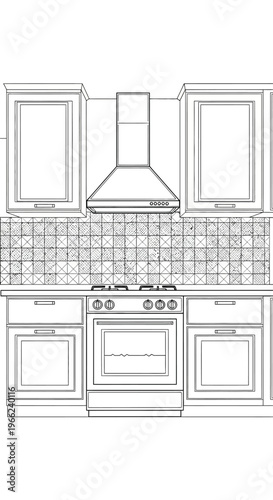 Detailed Line Drawing of a Modern Kitchen Stove and Cabinets.
