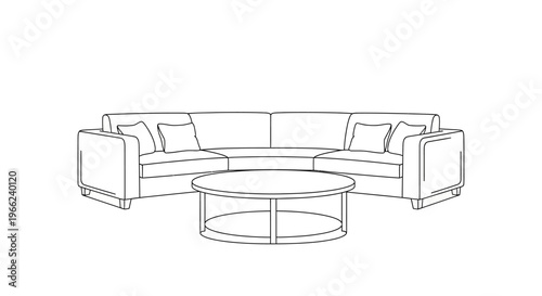 Elegant Curved Sofa and Round Coffee Table Line Art.