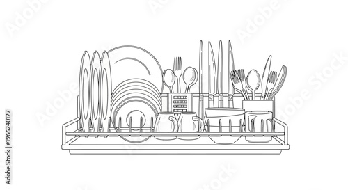 Dish drying rack with various kitchenware in a clean line art illustration.