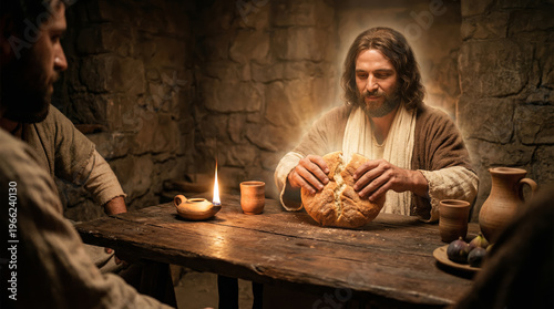 Jesus christ breaking bread during last supper eucharist