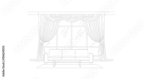 Elegant living room interior sketch with sofa and ornate curtains.