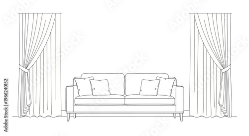 Elegant Sofa with Cushions and Curtains in a Minimalist Interior Sketch.