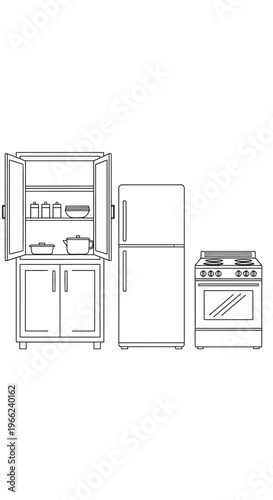 Kitchen Appliances and Cabinetry Line Art Illustration.