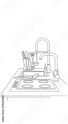 Kitchen Countertop with Sink and Stove Line Art.