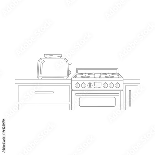 Kitchen Countertop with Toaster and Stove Line Art.
