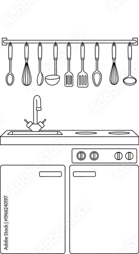 Kitchen Utensils and Appliances Line Art Illustration.