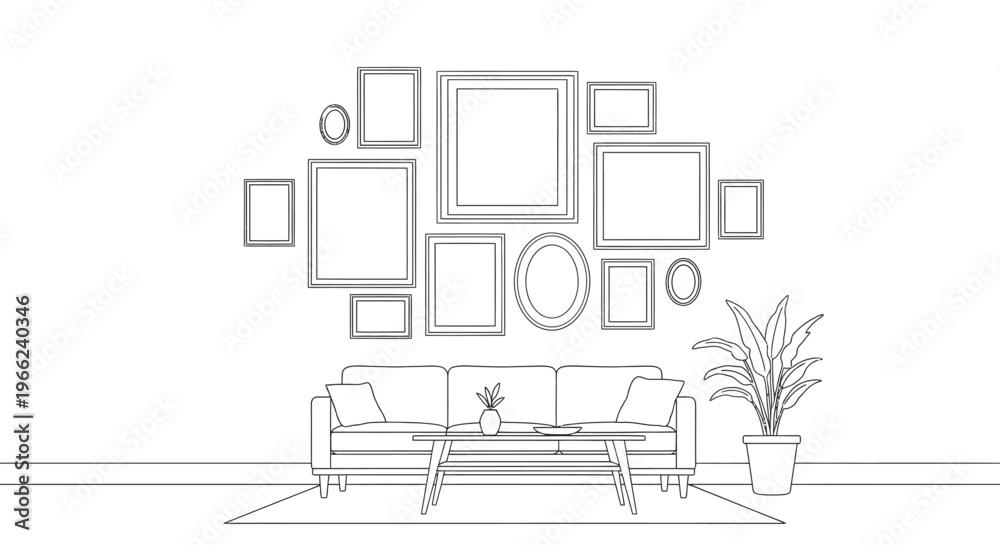 Fototapeta premium Living Room Interior with Sofa and Gallery Wall Line Art.
