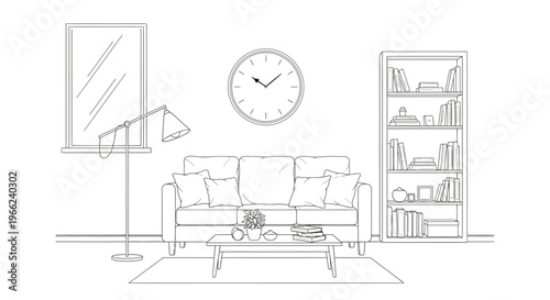Living Room Interior Sketch with Sofa and Bookshelf.