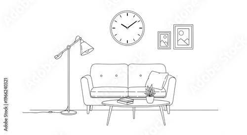 Living Room Interior Sketch with Sofa, Lamp, and Wall Decor.