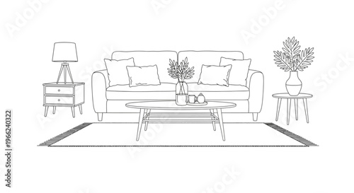 Living Room Interior Sketch with Sofa, Coffee Table, and Side Tables.