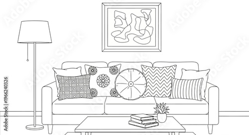 Living Room Interior Sketch with Sofa, Lamp, and Coffee Table.