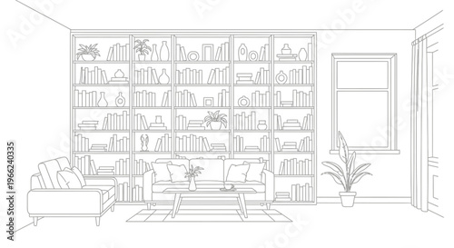 Living room interior with large bookshelf and comfortable furniture.