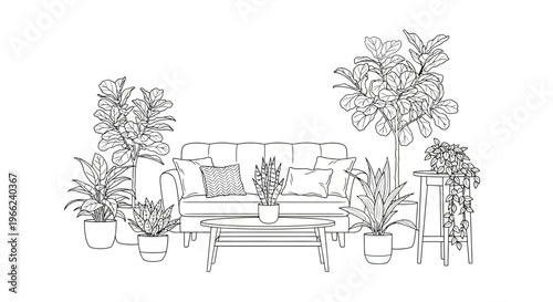 Living Room Interior with Sofa, Coffee Table, and Potted Plants.