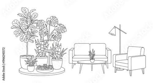 Living Room Interior with Sofa, Armchair, Coffee Table, Floor Lamp, and Potted Plants.