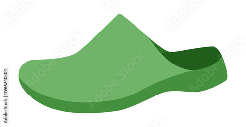 Green house clog sandal shoe women flat. One piece rubber slipper for camping beach vacation wardrobe. Technical fashion illustration CAD mockup smooth vector man unisex isolated trendy style.