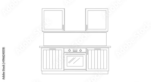 Minimalist Line Art Drawing of a Modern Kitchen Interior with Cabinets and Oven.
