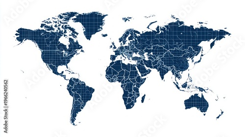 Detailed world map with political borders and grid lines on a white background