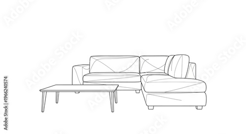 Minimalist Line Art Drawing of a Modern L-Shaped Sofa and Coffee Table.