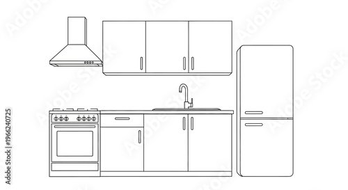 Minimalist Line Art Illustration of a Modern Kitchen Interior with Appliances.