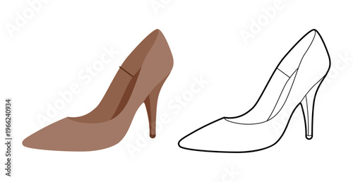 Pointy pump women brown heel flat plus line set. Sharp toe elegant dress footwear for office, event, city outfit. Technical illustration, CAD mockup, combined vector men unisex isolated chic style.