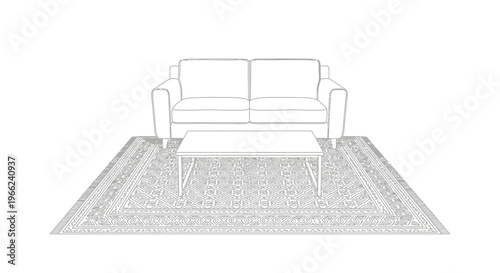 Minimalist living room furniture arrangement with sofa, coffee table, and rug.