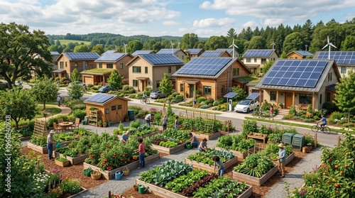 Sustainable eco-village with solar panels and community gardens, modern green neighborhood with renewable energy, self-sufficient residential housing