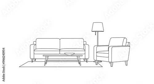 Minimalist living room furniture set with sofa, armchair, and lamp.