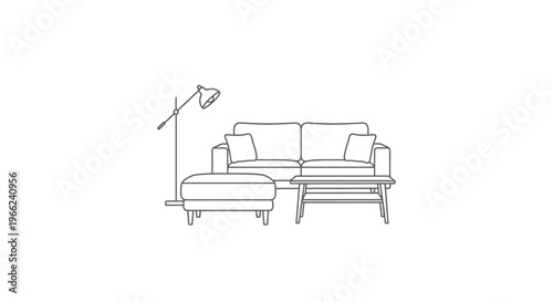 Minimalist living room furniture set with sofa, ottoman, coffee table, and floor lamp.