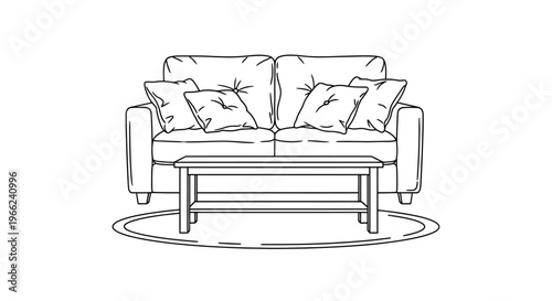 Minimalist living room furniture sketch with sofa, coffee table, and rug.
