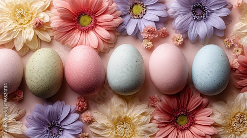 A vibrant Easter display featuring colorful eggs and flowers on a pastel background