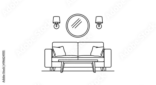 Minimalist living room interior with sofa, coffee table, mirror, and wall lamps.