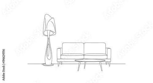 Minimalist living room interior with sofa, coffee table, and floor lamp.