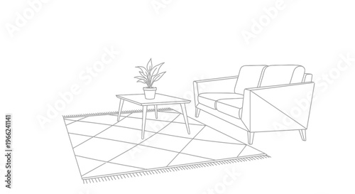 Minimalist living room sketch with armchair, table, plant, and rug.