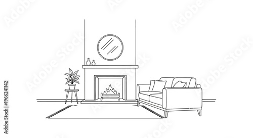 Minimalist living room sketch with fireplace and sofa.
