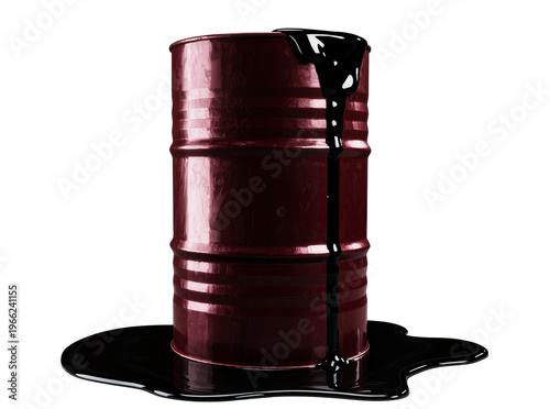 Isolated industrial oil barrel with black crude liquid pouring and pooling, energy resource.