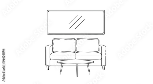 Minimalist living room sketch with sofa, coffee table, and wall art.