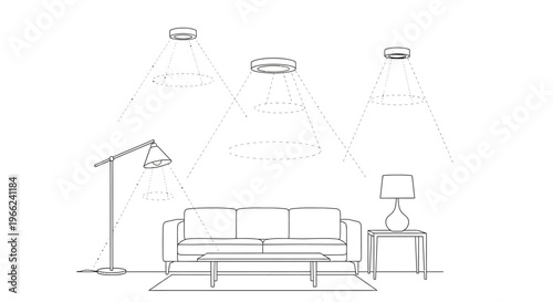 Minimalist living room sketch with sofa, lamps, and coffee table.