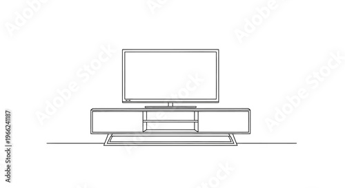 Minimalist one line drawing of a modern television set on a media console.